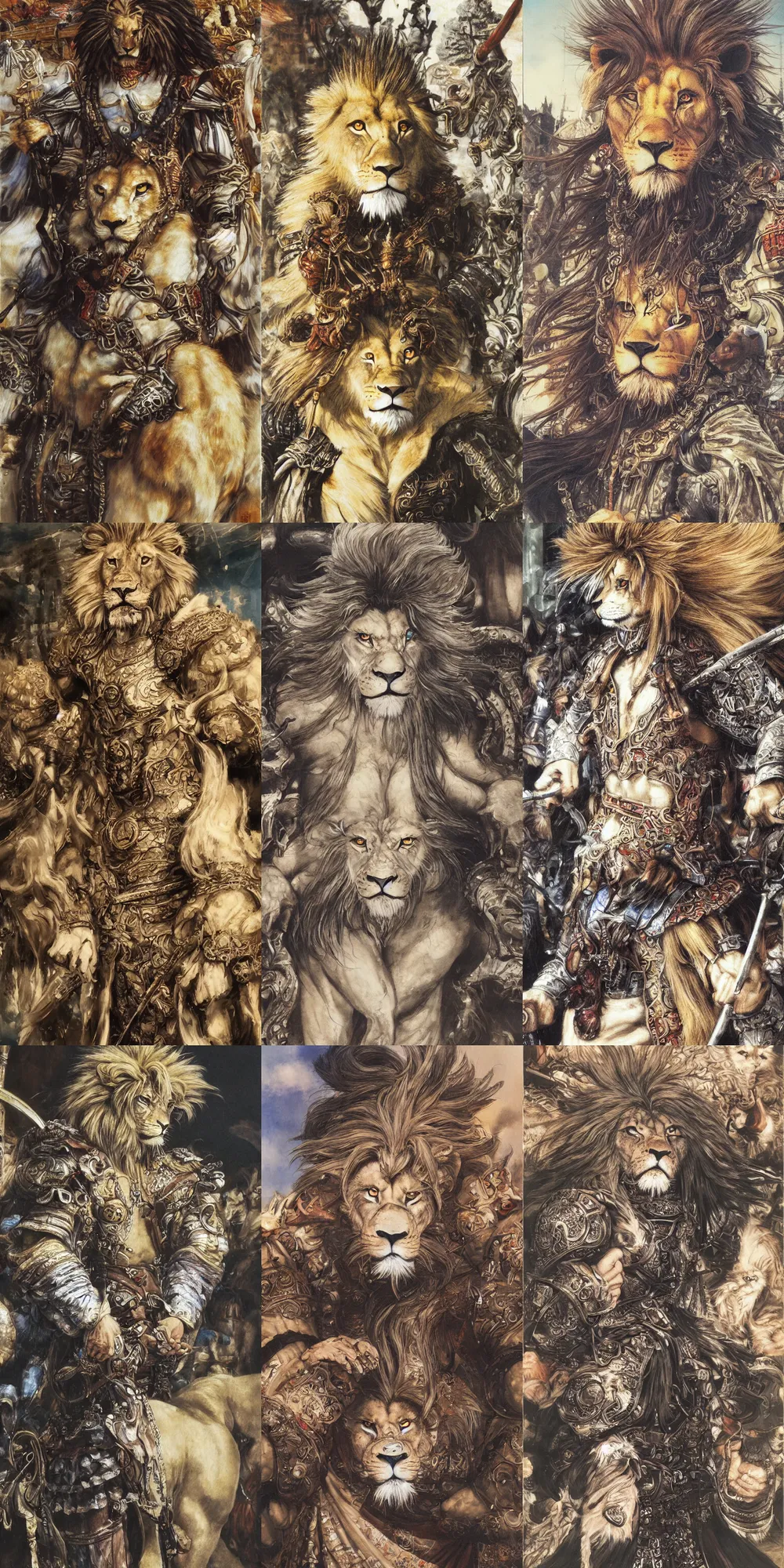 Image similar to 8 k yoshitaka amano painting of upper body of a young cool looking lion beastman with white mane at a medieval market at windy day. depth of field. he is wearing complex fantasy clothing. he has huge paws. renaissance style lighting.