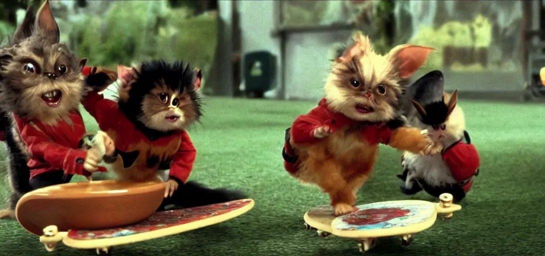 Image similar to mogwai gizmo and rufio skateboarding inside a cereal bowl, movie still, 8 k, hd, from the new honey i shrunk the kids movie