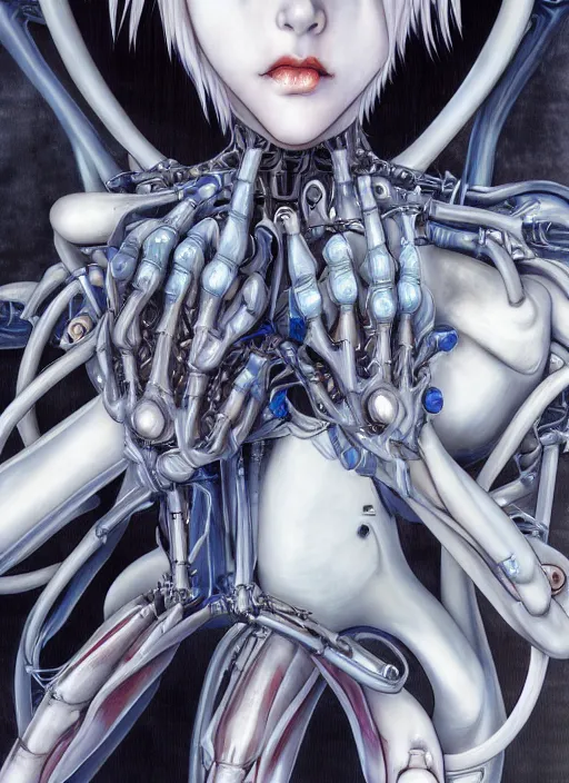 Prompt: Rei Ayanami by Yoshitaka Amano, by HR Giger, biomechanical, 4k, hyper detailed, hyperrealism, anime