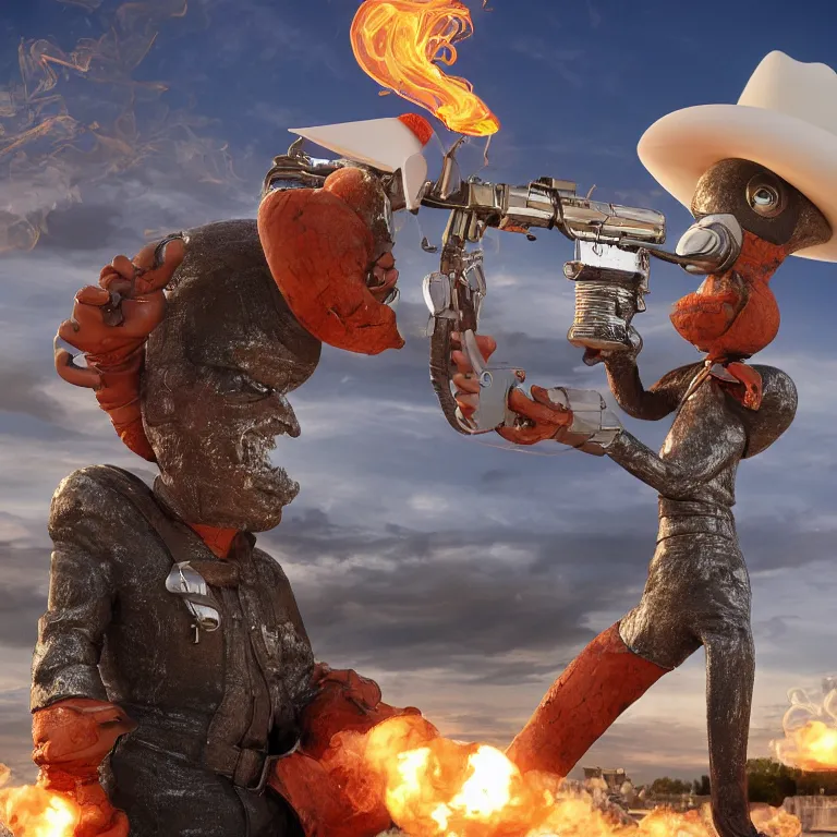 Prompt: octane render portrait by wayne barlow and carlo crivelli and glenn fabry, a man wearing a giant foam cowboy mascot costume holding a giant reflective shiny chrome revolver with smoke coming out of the barrel, cinema 4 d, ray traced lighting, very short depth of field, bokeh