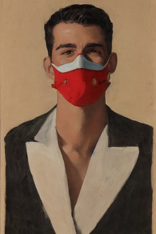 Image similar to portrait of young man wearing black medical mask, style of coby whitmore