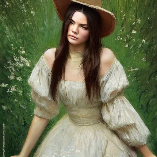 Image similar to happy very thick paint brush strokes paint texture full body fashion model kendall jenner by Jeremy Lipking by Hasui Kawase by Richard Schmid (((smokey eyes makeup eye shadow fantasy, glow, shimmer as victorian woman in a long white frilly lace dress and a large white hat having tea in a sunroom filled with flowers, roses and lush fern flowers ,intricate, night, highly detailed, dramatic lighting))) , high quality