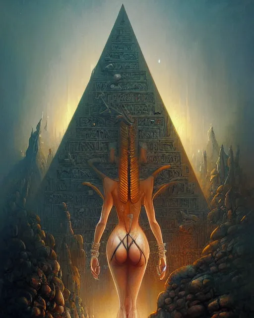 Image similar to inside a small pyramid made of pyramids and eyes fantasy character portrait, ultra realistic, wide angle, intricate details, blade runner artifacts, highly detailed by peter mohrbacher, boris vallejo, hajime sorayama aaron horkey, gaston bussiere, craig mullins