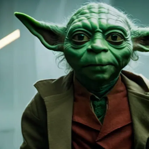 Prompt: film still of Yoda as joker in the new Joker movie