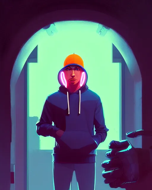 Image similar to photographic, hyper - realistic detailed portrait of a man in a hoodie, with neon visor, dynamic pose, by atey ghailan, by greg rutkowski, by greg tocchini, by james gilleard, by joe fenton, by kaethe butcher, sharp focus