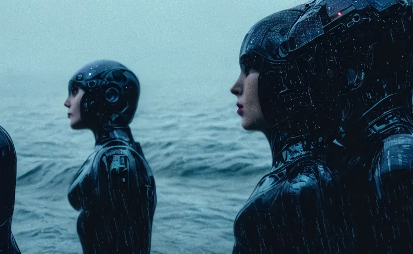 Image similar to cinestill 5 0 d candid photographic portrait by christopher nolan of two loving female androids sobbing wearing rugged black mesh techwear in treacherous waters, flooded city, medium closeup, modern cyberpunk moody emotional cinematic, pouring iridescent rain bright spotlight, 8 k, hd, high resolution, 3 5 mm, f / 3 2, ultra realistic faces, ex machina