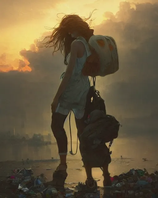 Image similar to poor detailed girl with backpack standing at cars looking for food at garbage dump, destroyed cars, city is pure wasteland, moody sunset in background, greg rutkowski, alphonse mucha, trending on artstation, artgerm, unreal engine, breathtaking, award winning, highly detailed