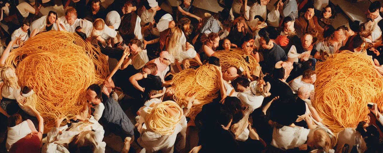 Image similar to a group of people being consumed by a giant bowl of spaghetti, fear, anxiety, canon 5 0 mm, cinematic lighting, photography, retro, film, kodachrome