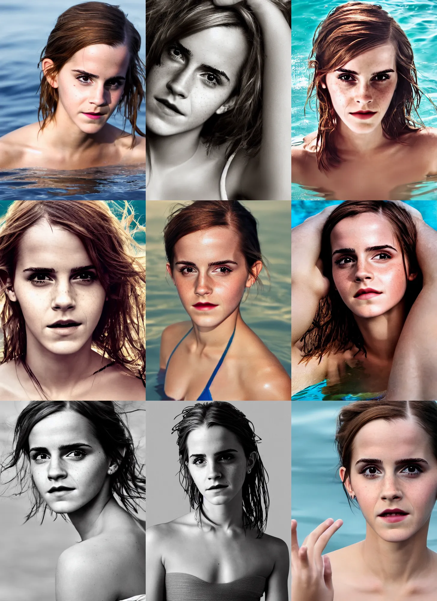 Prompt: photograph, high resolution, of emma watson face coming out of the water taken by oxana gromova, fess