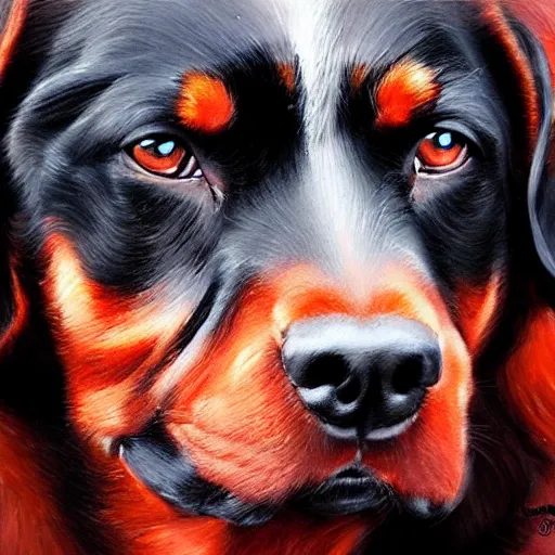 Image similar to red rottweiler, oil painting, artgerm, portrait, highly detailed, artstation