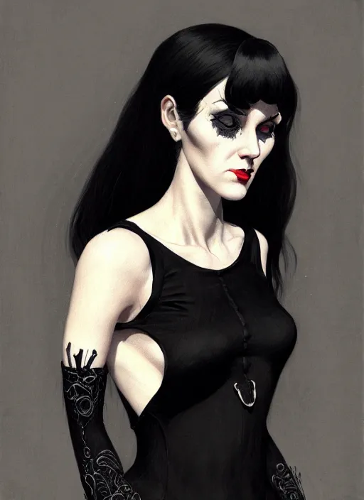 Image similar to portrait of an awkward woman with a crooked nose and a confident expression, 1 9 6 0 s, black clothes, goth, punk, funk, intricate, elegant, highly detailed, digital painting, artstation, concept art, smooth, sharp focus, illustration, art by wlop, mars ravelo and greg rutkowski