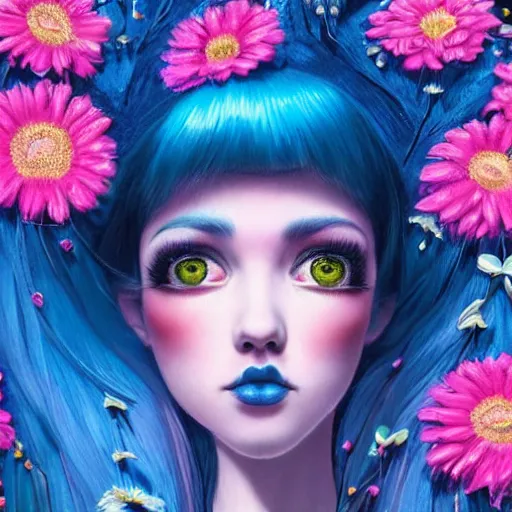 Prompt: an intelligent young women with blue hair lookingat the camera, she has a beautiful unconventional face, she is surrounded by an explosion of flowers in neon pink and blue intricate, elegant, highly detailed, digital painting, artstation, concept art, pop, smooth, sharp focus, illustration, art by mark ryden and gaston bussiere 3 d 8 k ultra detailed