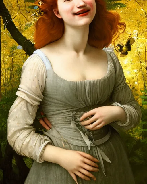 Image similar to a happy a young woman, among the lights of golden fireflies and nature, wearing a wonderful dress, long loose red hair, intricate details, green eyes, small nose with freckles, beatiful smiling face, golden ratio, high contrast, hyper realistic digital art by artemisia lomi gentileschi and caravaggio and artgerm.