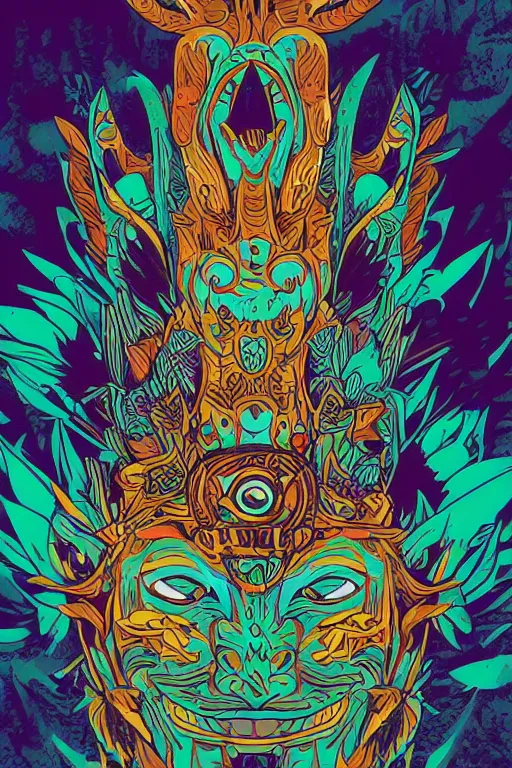 Image similar to animal mask totem roots flower tribal feather gemstone plant wood rock shaman vodoo video game vector cutout illustration vivid multicolor borderlands comics by josan gonzales and dan mumford radiating a glowing aura