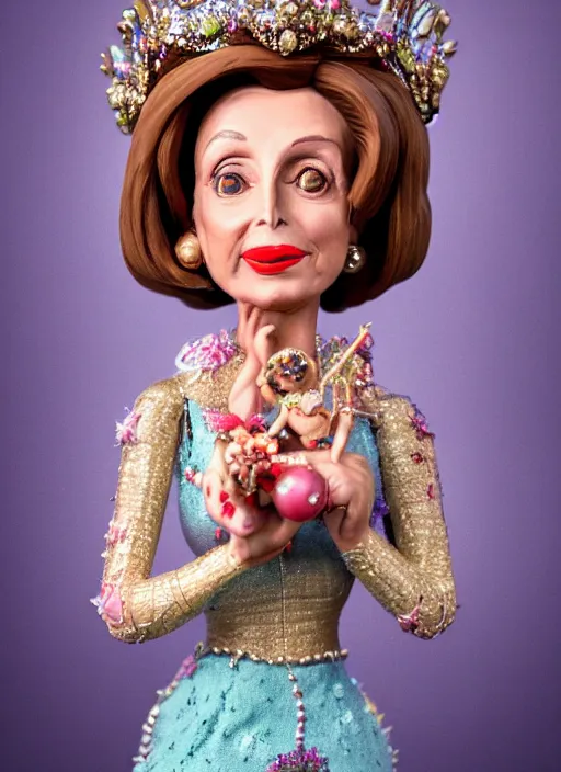 Prompt: closeup face profile portrait of tin toy nancy pelosi as a fairytale princess wearing a crown eating cakes, bikini, depth of field, zeiss lens, detailed, symmetrical, centered, fashion photoshoot, by nicoletta ceccoli, mark ryden, lostfish, breathtaking, 8 k resolution, extremely detailed, beautiful, establishing shot, artistic, hyperrealistic, octane render