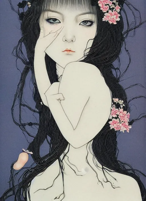 Prompt: pop surrealism, hyper realism, muted colors seductive female venus, cute girl, long hair, art by takato yamamoto, trevor brown