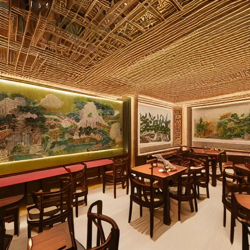 Image similar to a beautiful hyperdetailed interior render of roasted string hotpot restaurant restaurant yan'an, wall corner, from china, with merchant logo, fine delicate structure, chinese style, simple composition, simple style structure decoration design, victo ngai, 4 k hd