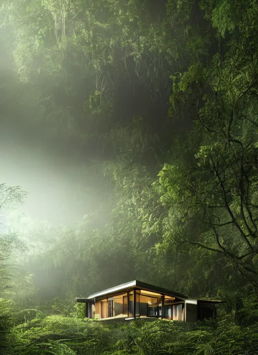 Image similar to an exquisite holiday home in the middle of a lush forest, visible through the lush overgrowth, architectural photography, dark and dim lighting, beautiful, tranquil, moody, cinematic, fantasy, 3 5 mm lens, volumetric lighting, first person view, photographic render, hyper realistic