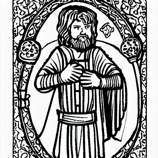 Prompt: coloring book sheet of a man in Biblical clothing holding a sword