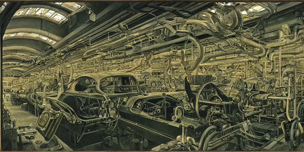 Prompt: Inside an automobile factory, painted by Grant Wood and H.R. Giger