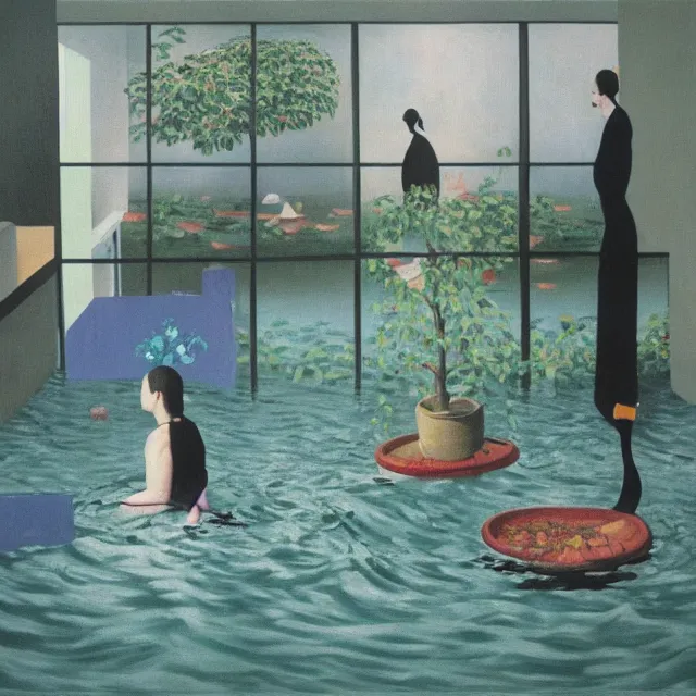 Image similar to painting of flood waters inside an apartment, tall female emo art student, a river flooding through a wall, tangelos, zen, pigs, ikebana, water, river, rapids, waterfall, black swans, canoe, pomegranate, berries dripping, acrylic on canvas, surrealist, by magritte and monet