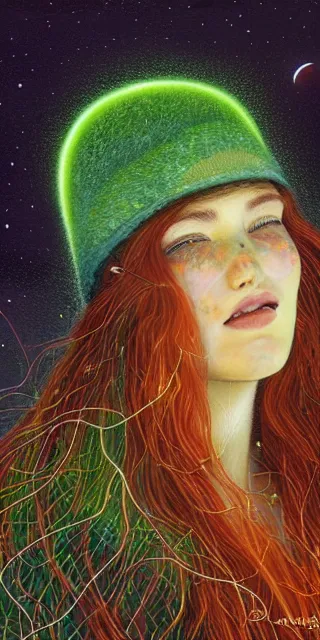 Image similar to infp young woman, smiling amazed, golden fireflies lights, sitting in the midst of nature fully covered, long loose red hair, intricate linework, bright green eyes, small nose with freckles, oval shape face, realistic, expressive emotions, dramatic lights spiritual scene, hyper realistic ultrafine art by michael cheval, jessica rossier, boris vallejo