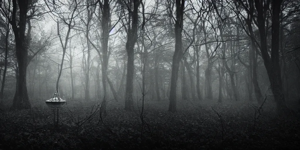 Prompt: abandoned tesla coil in the woods, around everlasting darkness, atmospheric, wide shot, high definition, high detail, foreboding, artstation, foggy