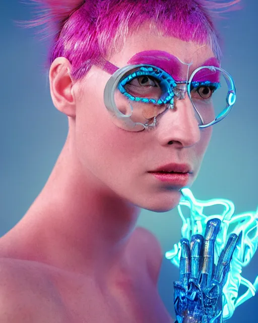 Image similar to natural light, soft focus portrait of a cyberpunk anthropomorphic newt with soft synthetic pink skin, blue bioluminescent plastics, smooth shiny metal, elaborate ornate head piece, piercings, skin textures, by annie leibovitz, paul lehr