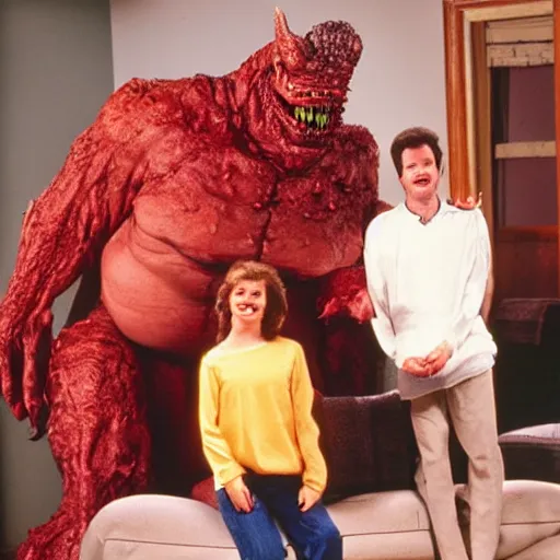 Image similar to vintage 1 9 9 0's sitcom photo, a happy photogenic family and a large giant evil demonic horrifying angry detailed monstrous demon creature inside a 1 9 8 0's sitcom living room