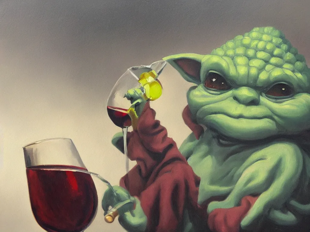 Prompt: an old oil painting of a dizzy yoda drinking wine, trending on artstation