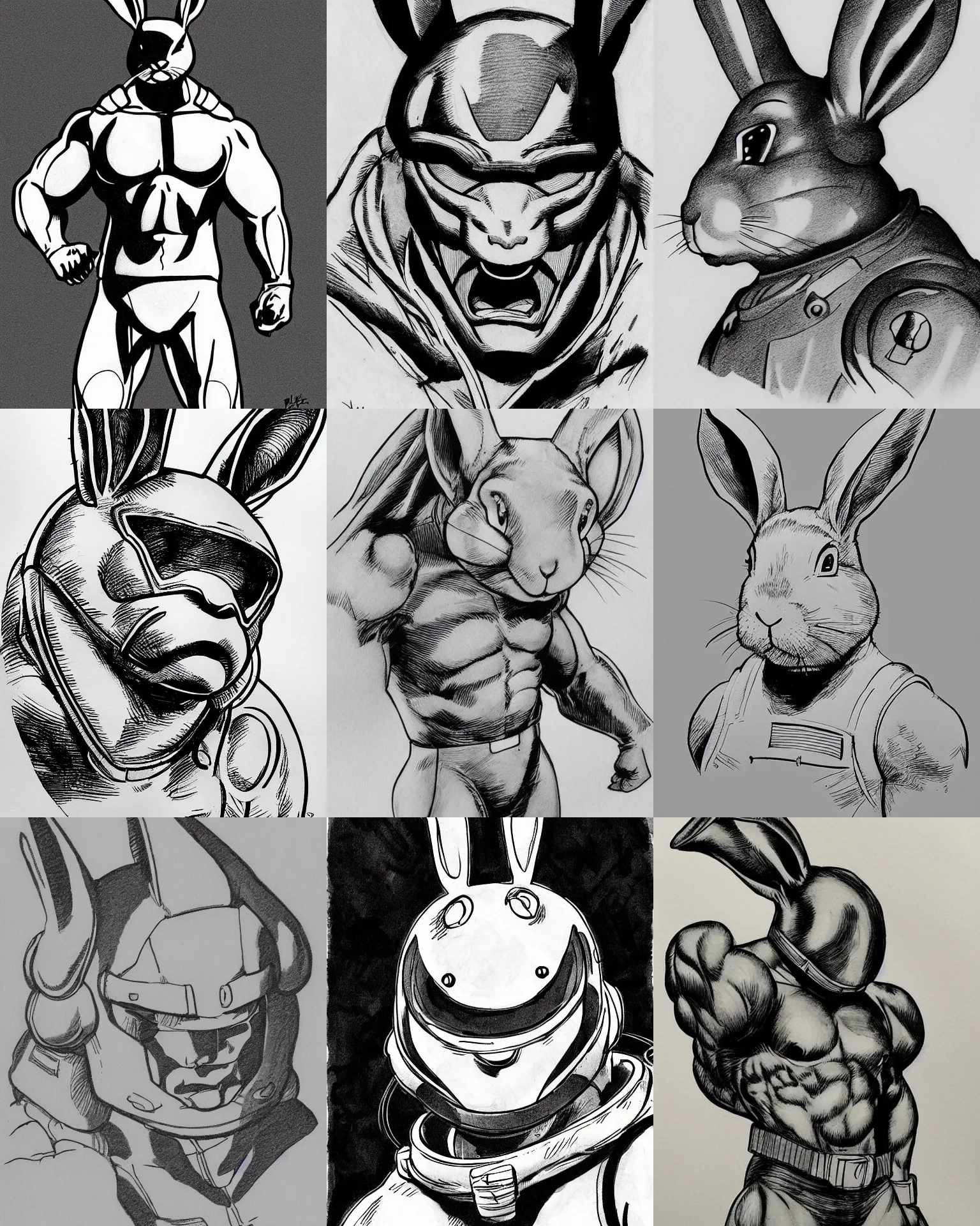 Image similar to rabbit!!! jim lee!!! medium shot!! flat grayscale ink sketch by jim lee close up in the style of jim lee, depressed dramatic bicep pose, astronaut spacesuit helmet astronaut hulk rabbit animal astronaut by jim lee