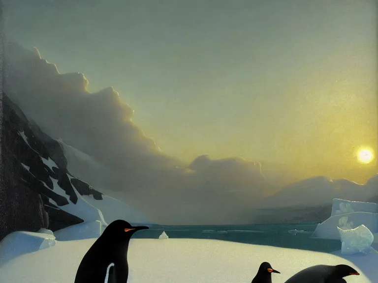 Image similar to an oil painting of a penguin next to a frozen ocean and a misty glacier at dawn. by tuomas korpi moebius and carl spitzweg. baroque elements. intricate artwork by caravaggio. oil painting. oil on canvas. award winning. dramatic. trending on artstation. 8 k