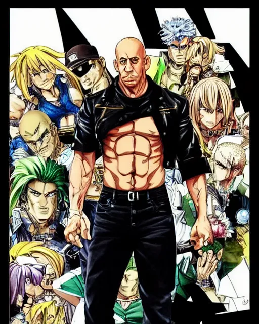 Prompt: Digital color pen drawing of Vin Diesel walking like a Italian model in JoJo\'s Bizzare Adventure anime style, official JoJo\'s Bizzare Adventure, highly detailed, sharp focus, screentone shading, sligthly hard shadows, 1990 manga panel, trending on ArtStation, manga cover art drawn by Hirohiko Araki