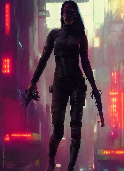 Prompt: Olivia Munn. Cyberpunk assassin in tactical gear. blade runner 2049 concept painting. Epic painting by Craig Mullins and Alphonso Mucha. ArtstationHQ. painting with Vivid color. (rb6s, Cyberpunk 2077, matrix)