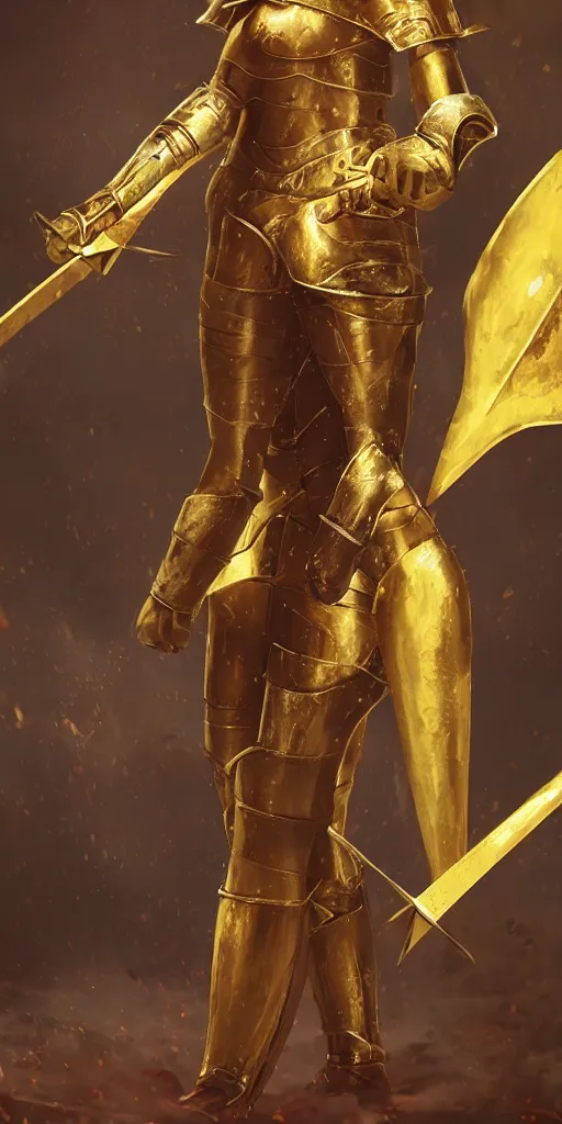 Image similar to a tall, red - haired female knight wearing golden armor and a right golden prosthetic arm, longer than her left arm. she wields a long golden blade
