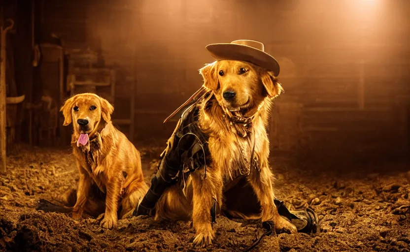 Prompt: a dirty golden retriever in a dark mine wearing a wild west hat and jacket with large piles of gold nuggets nearby, dim moody lighting, wooden supports, wall torches, cinematic style photograph