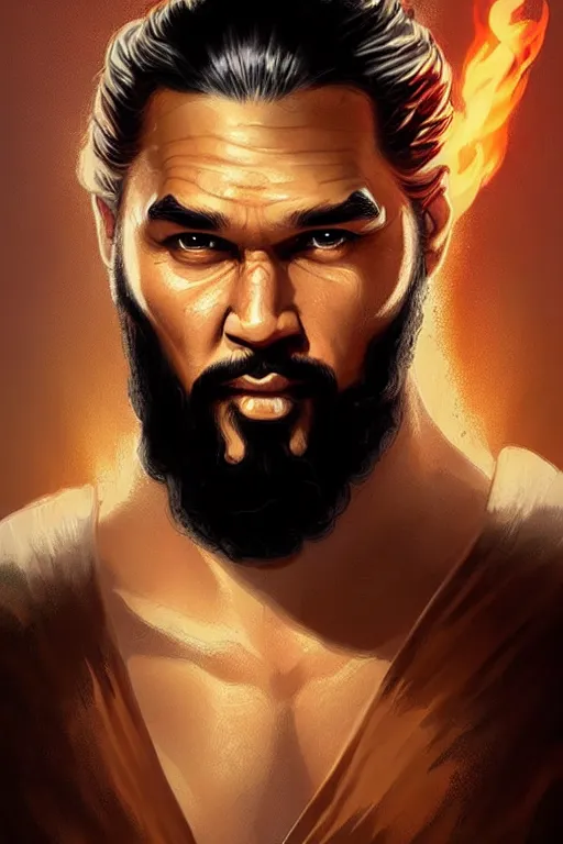 Image similar to beautiful, ethereal khal drogo portrait, intricate art deco dragon designs, elegant, highly detailed burning background, sharp focus, game of thrones art by artgerm and beeple and greg rutkowski and wlop