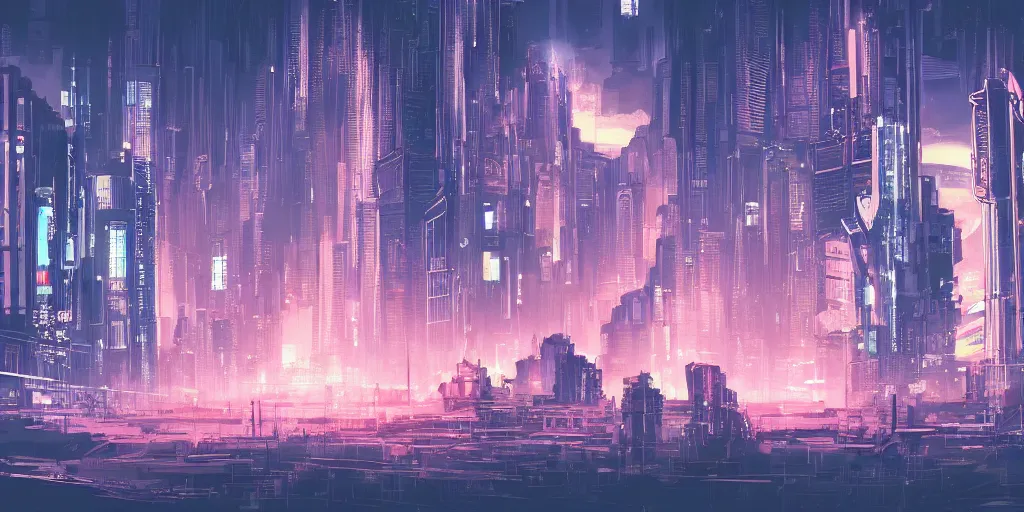 Prompt: city in the style of cyberpunk, singular gigantic building focus, space sky, anime illustration, horror,