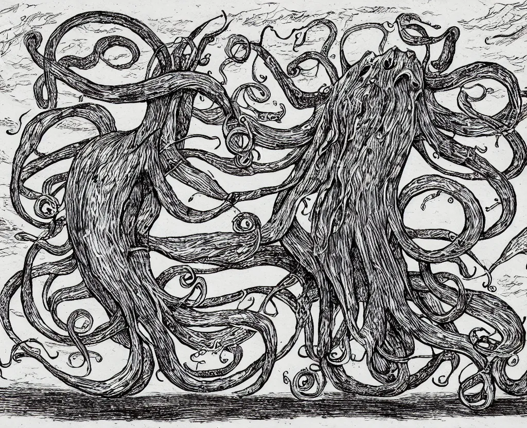 Image similar to a drawing of a giant squid with evil tentacles reaching all around the world, in the style of edward gorey