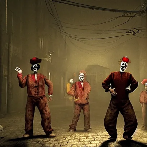Image similar to a group of men dressed as clowns standing around a tv screen in a dark foggy alley in silent hill