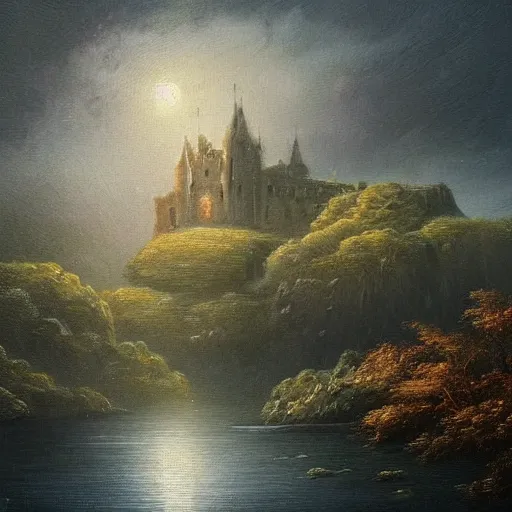 Image similar to an ultra detailed painting of a mysterious misty lagoon at night, far away behind it is a cliff with a dark castle on top of it with a few windows lit, dark forests surrounding, twilight, highly detailed, fantasy, realistic