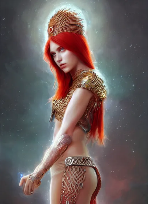 Image similar to sketch of cute beautiful red haired super model as futuristic aphrodite greek goddess wearing a holographic headdress, beautiful piercing gaze with sharp pupils, in the style of greg rutkowski, fantasy, amazing detail, epic, elegant, smooth, sharp focus, front view