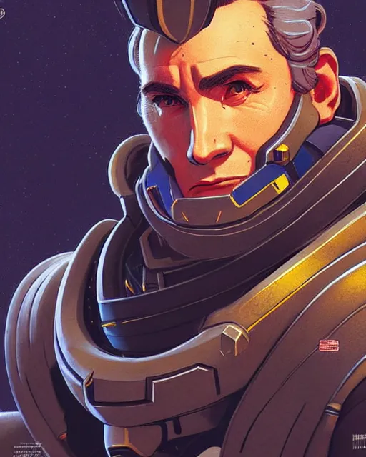 Image similar to reinhardt from overwatch, character portrait, portrait, close up, concept art, intricate details, highly detailed, vintage sci - fi poster, retro future, in the style of chris foss, rodger dean, moebius, michael whelan, and gustave dore
