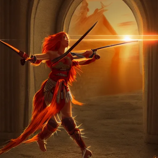 Image similar to Beautiful red haired warrior priestess in action pose practising in the monastery, sunset, backlit, digital art, trending on ArtStation