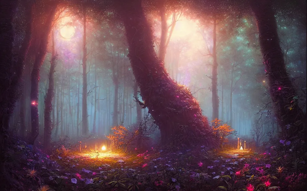 Prompt: cosmic flower portal in a moonlit forest, celestial, fantasy art, by ferdinand knab, alena aenami, dan mumford