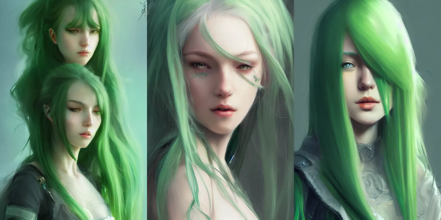 Prompt: a beautiful concept art of a young woman with long green hair by WLOP, vivid, very detailed, digital art, trending on artstation