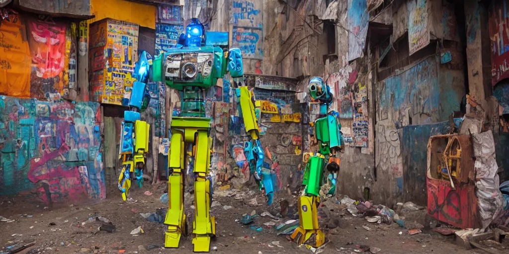 Prompt: colourful giant mecha ROBOT of AJEGUNLE SLUMS of Lagos, markings on robot, ajegunle is neon lit, Night,
