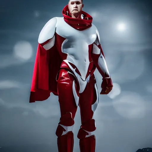 Image similar to headshot of a tall athletic muscular infantry man in glossy sleek white armor with tiny red details and a long red cape, heroic posture, strong jawline, on the surface of mars, night time, dramatic lighting, cinematic, sci-fi, hyperrealistic