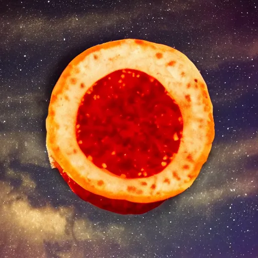 Image similar to slice of pepperoni, night sky, 8k, photograph, photorealistic