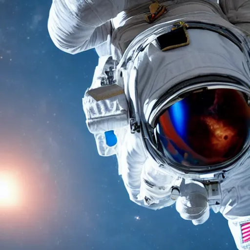 Image similar to a close up photo of an astronaut floating in space. you can see the reflection of the photographer in his helmet.